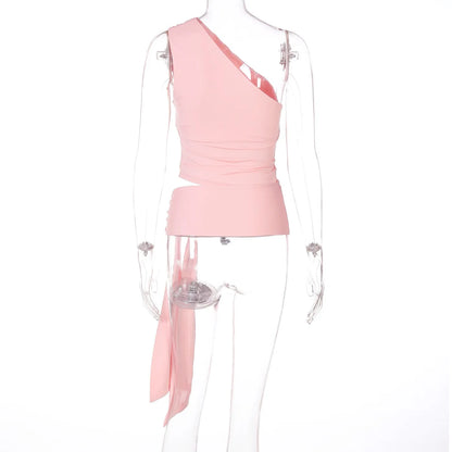 Cryptographic One Shoulder Solid Lace Up Tops Summer Y2K Outfits Sexy Backless Sleeveless Crop Tank Coquette Streetwear Clothes.