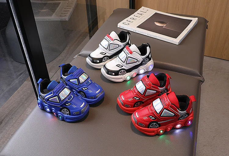 Diseny Kids'Casual Shoes Led Light Car Club Cartoon PU Leather Spring Shoes For Children Anti-slip Red Blue Shoes Size 21-30.