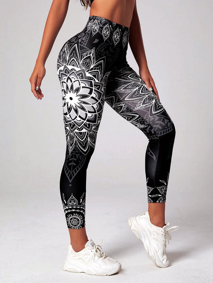Lotus patterned high waisted leggings, suitable for yoga, running, and dancing as hip lifting sportswear - sporty and fashionabl.