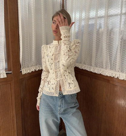 Tuularose Luxury Lace Blouse Fashion Lace Print Single Breasted Slim Shirt Vintage Elegant Party Looks Summer Women Blouse Tops