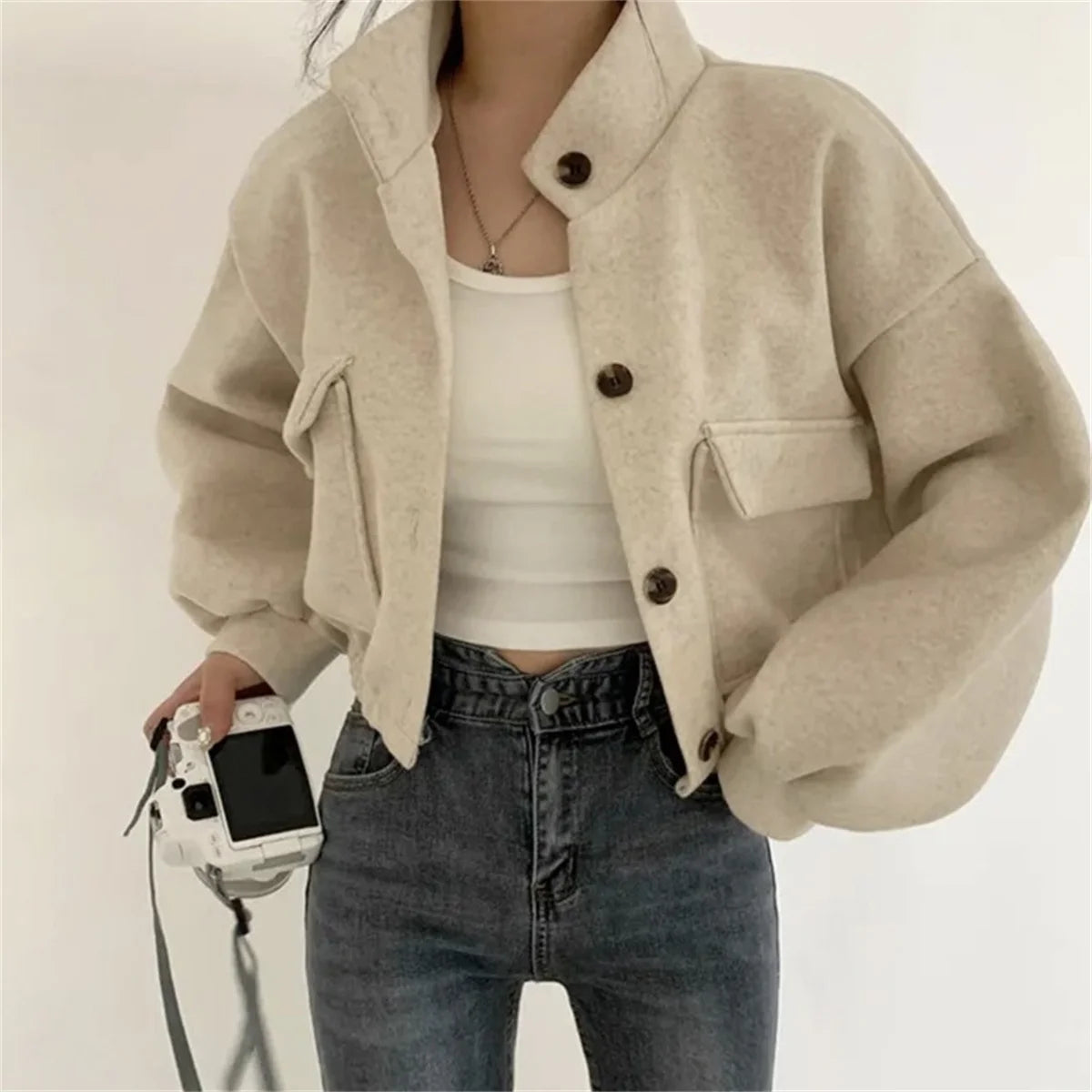 Korean Fashion Herbst Winter Mantel Frauen Neue In Stehen Neck Feste Taste Lose Jacke Dame Casual Straße Outwear Vintage Kleidung.