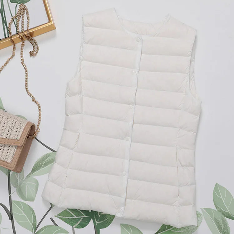 2023 Neuankömmlinge Herbst Winter warme Frauen ärmellose Daunen futter Taillen mantel weibliche ultraleichte weiße Enten Daunen weste Jacken.