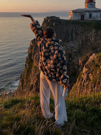 Sumuyoo Autumn Winter Women's Sherpa Floral Pullover Hoodies Half Zip Style Loose Fit Warm Stylish New Sweatshirt