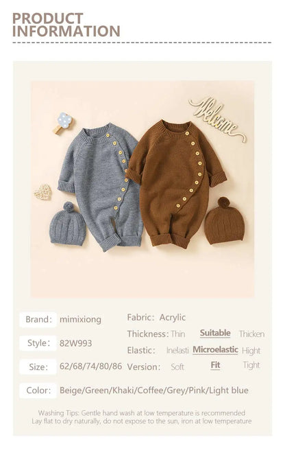 Baby Rompers Knitted Autumn Long Sleeve Newborn Boys Girls Jumpsuits Hats Outfits Sets Winter Solid Infant Netural Overall 0-18m