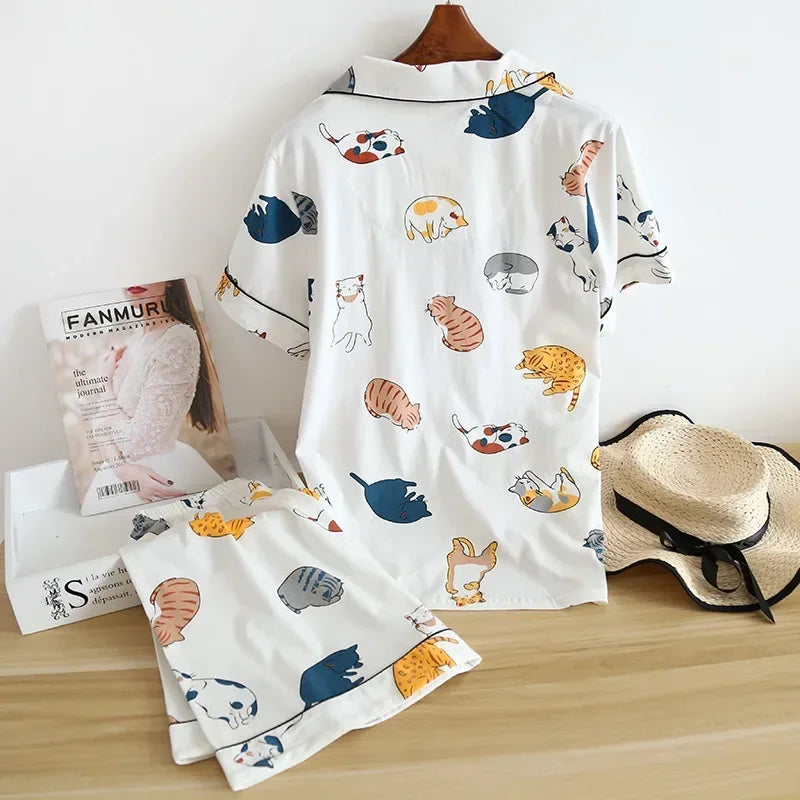 Neue 100% Baumwolle Kurzarm Shorts Damen Pyjama Set niedlichen Cartoon Pyjamas japanische einfache kurze Pyjamas Frauen Nachtwäsche.