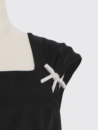 TWOTWINSTYLE Elegante Schwarz Kleid Für Frauen Quadrat Kragen Ärmellose Hohe Taille Solide Patchwork Bowknot Midi Kleider Weiblichen Stil