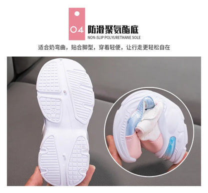 Disney Girls' Casual Shoes Frozen Priness Elsa Sneakers Mesh Leather White Breathable Sole Children's Sport Shoes Size 26-37