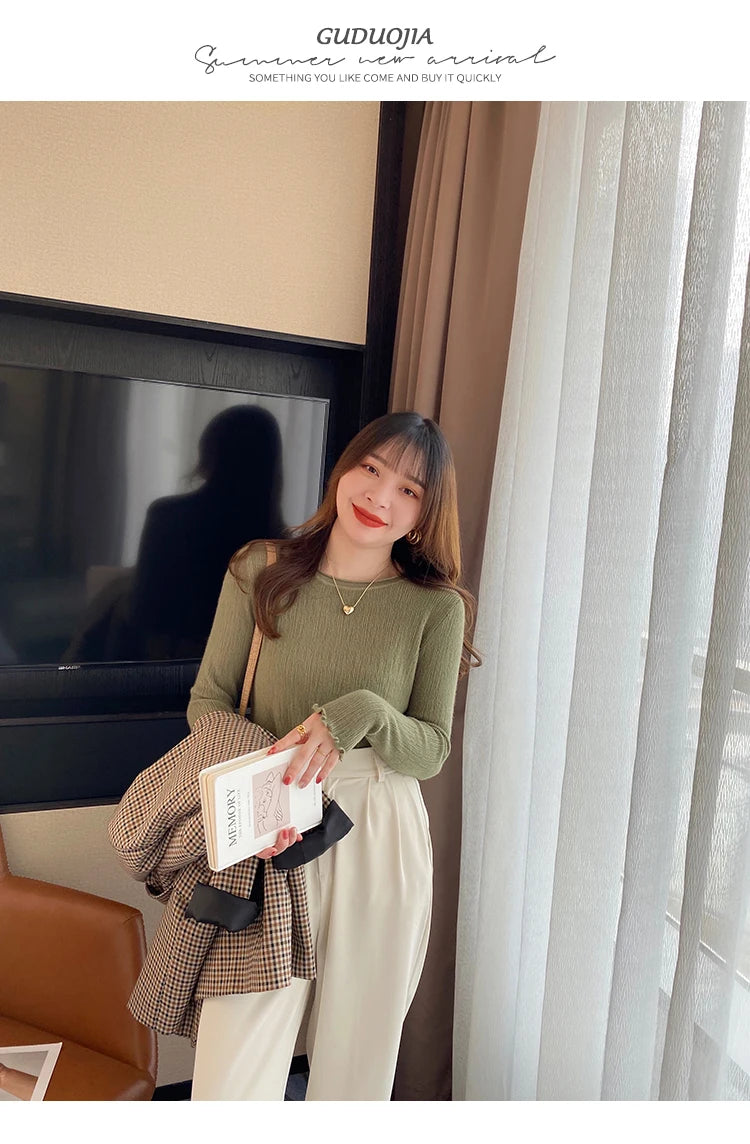 2025Oansatz Rippen Langarm Koreanische Dünne Weibliche Pullover Frauen Pullover Stricken Weiche Jumper Tops Geraffte Herbst Winter Tops.