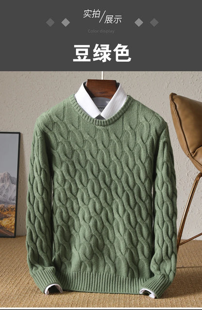 Autumn Winter Thickened Cashmere Sweater 100% Merino Wool Men's Top O-Neck Twisted Pullover Knitted Loose Long Sleeve Sweater.