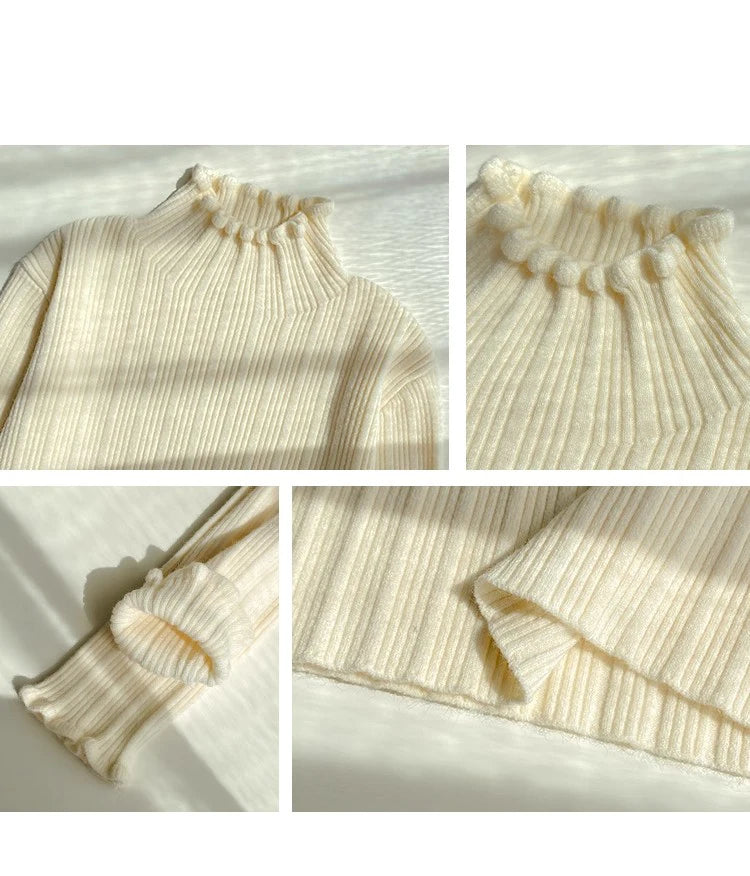 2025 Autumn Winter Women Half Turtleneck Fashion Wooden Ear Pullover Knitted Tops Long Sleeve O Neck Slim Warm Sweater Female.