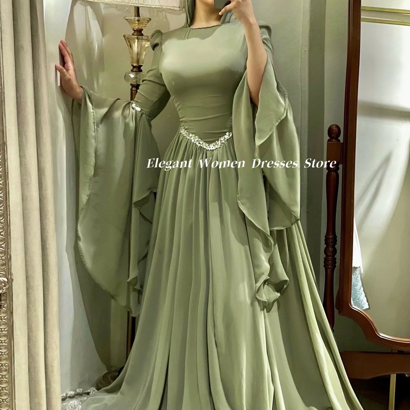 Abendkleider für muslimische Frauen, langärmelig, Sommer-Chiffon-Partykleider, A-Linie, Salbeigrün, Abendkleid فسات Cosa •М •М.