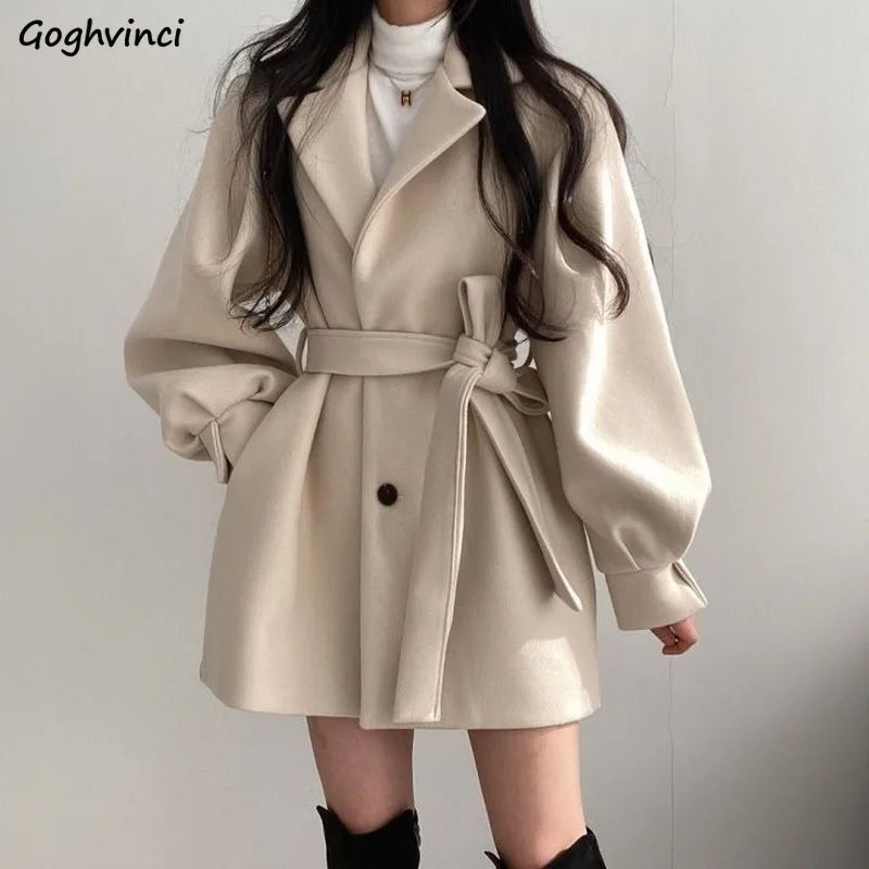 Frauen Solide Wolle Mischung Mantel Slim Fit Gürtel Mäntel Weibliche Warme Baumwolle Dicker V-ausschnitt Büro Dame Elegante Trendy Taste Outwear ins.
