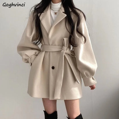 Frauen Solide Wolle Mischung Mantel Slim Fit Gürtel Mäntel Weibliche Warme Baumwolle Dicker V-ausschnitt Büro Dame Elegante Trendy Taste Outwear ins.