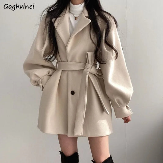 Frauen Solide Wolle Mischung Mantel Slim Fit Gürtel Mäntel Weibliche Warme Baumwolle Dicker V-ausschnitt Büro Dame Elegante Trendy Taste Outwear ins.