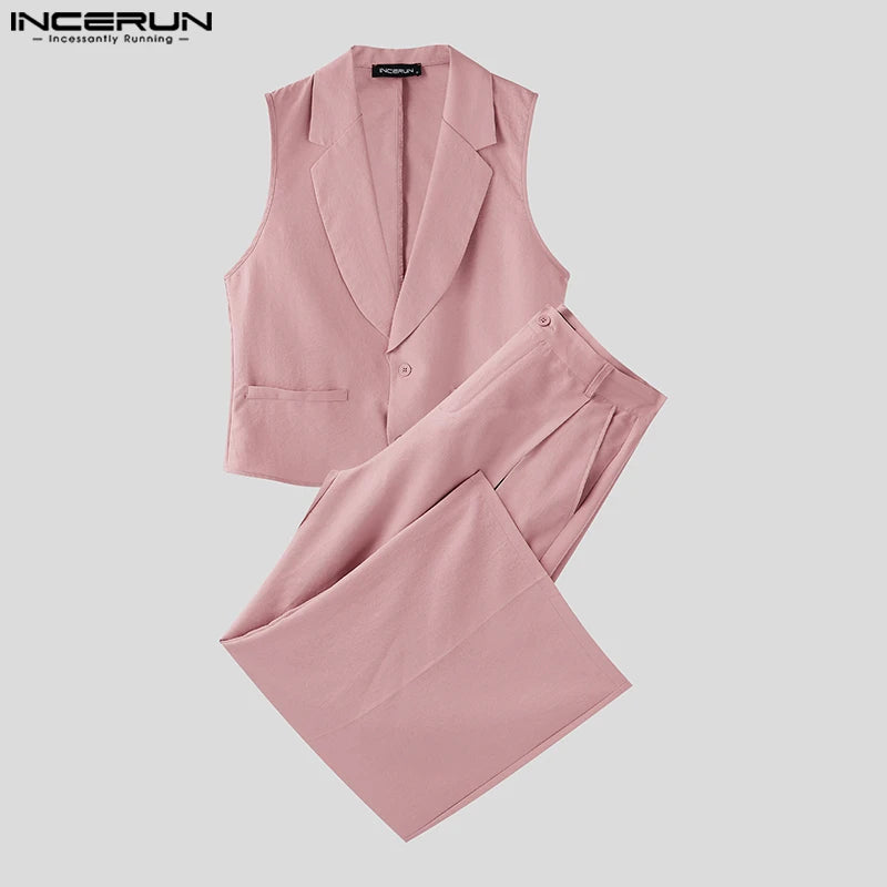 INCERUN Summer Men's Sets Solid Color Sleeveless Tops Tee Buttons Summer Long Pants Male Two-piece Suits Streetwear 2PCS S-5XL
