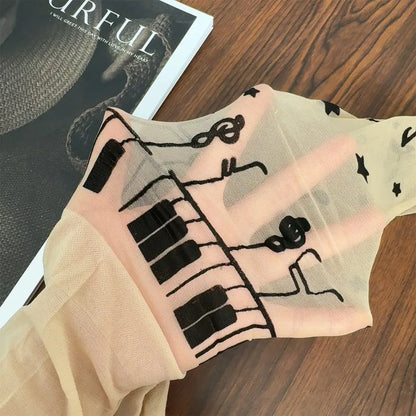 Women Personalized Stocking Gothic Music Notes Print Tights Thin High Elasticity Black Skin Leggings Spicy Girls Y2K Hosiery