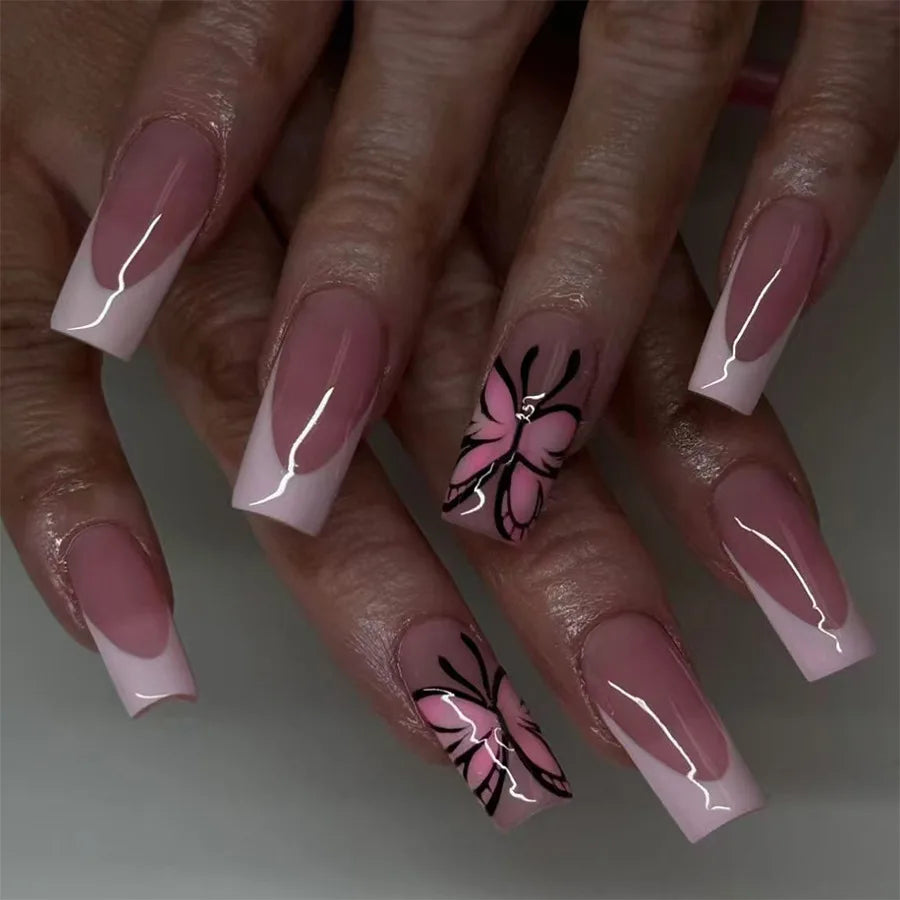 Mid-length Coffin Fake Nails 24Pcs White French Tip Ballerina Press On Nail Pink/White Flower Printed Spring/Summer DIY Manicure.