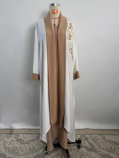 Ramadan Eid White Kimono 2 Piece Abaya Damen Dubai Luxury Set Islam Muslim Modest Dress Women Kebaya Kaftan Robe Femme Musulman.