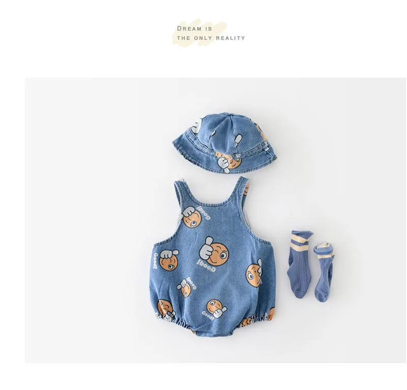 2 Stück Sommer Kinder Baby Denim Bodysuit und Mützen Anzüge einteilige Unisex Kleinkind Jungen Mädchen weiche Jeans Kleidung Jeans Sprung anzüge.