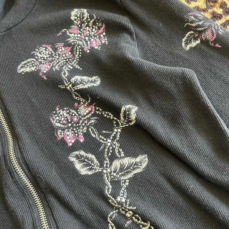 00s Aesthetic Vintage Jacket Y2k Grunge Zip Up Sweatshirt Flower Wings Print Slim Fit Hoodies E-girl Gothic Cool Street Outwear.