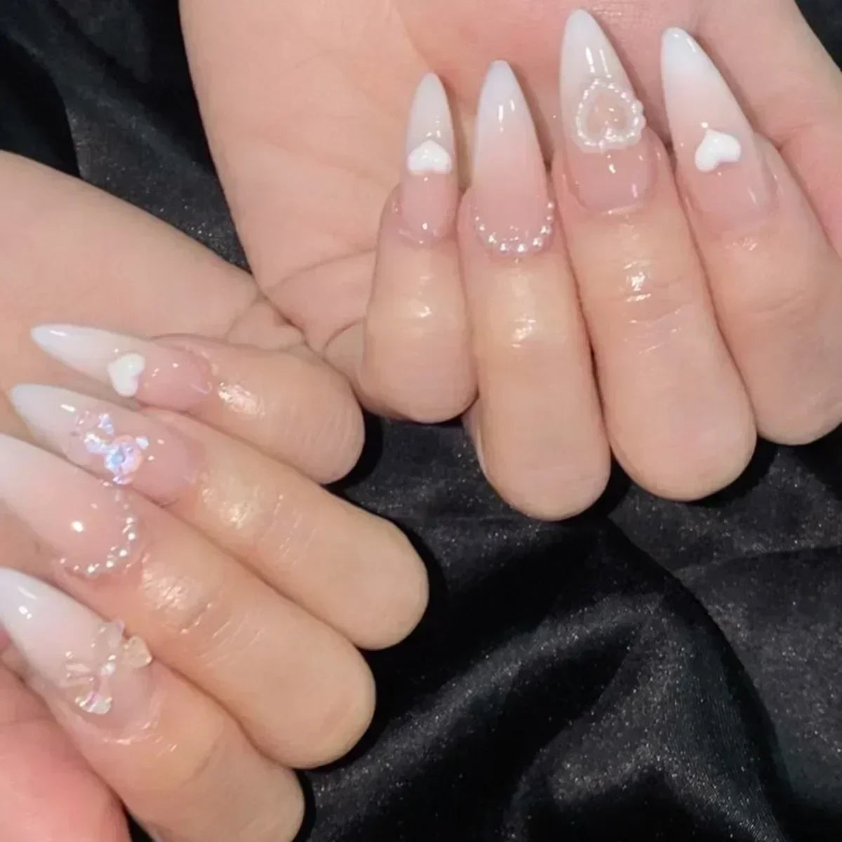 White Glitter Powder Bowknot Long Pointed Fake Nails Art Ballet False Nail Cow Print Pearl Rhinestone Pink Almond Press on Nails
