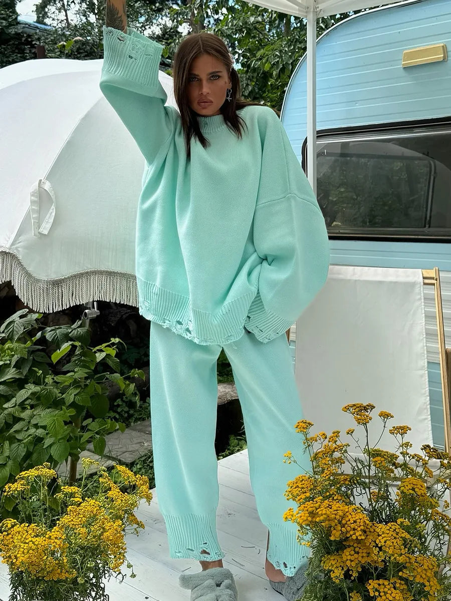 Two Piece Ripped Set Women Knit Tracksuits O Neck Long Sleeve Casual Baggy Sweatshirts+ Joggers Pants Outfits 2025 Fall Winter.