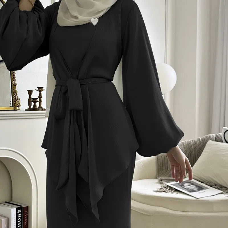 2-teiliges Saudi-Arabien muslimisches Damen-Abaya-Kleid aus Satin für Damen, Islam, Dubai, Urlaub, bescheidene Kleidung, 2024, elegante türkische Robe.