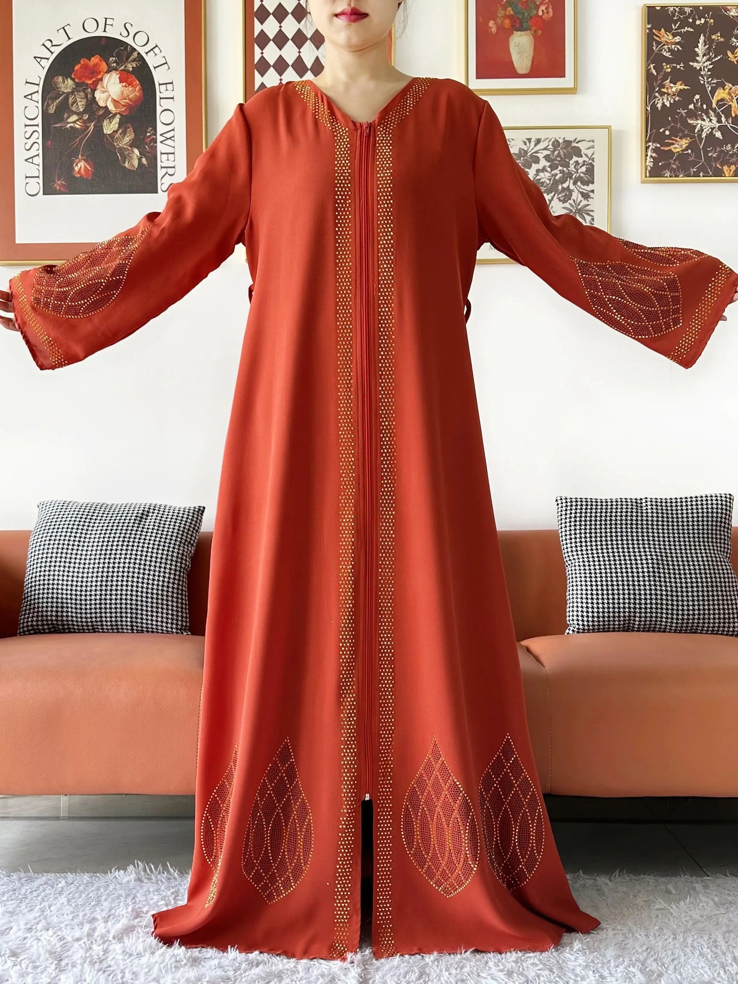 Elegant Women's Party Dress Chiffon Loose Open Zipper Abaya Muslim Islamic Clothing Cardigan Style for Special Occasions.