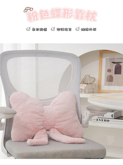 Pink bow ribbon couch pillow imitation rabbit fur comfortable car seat cushion ins style simple all-match back cushion.