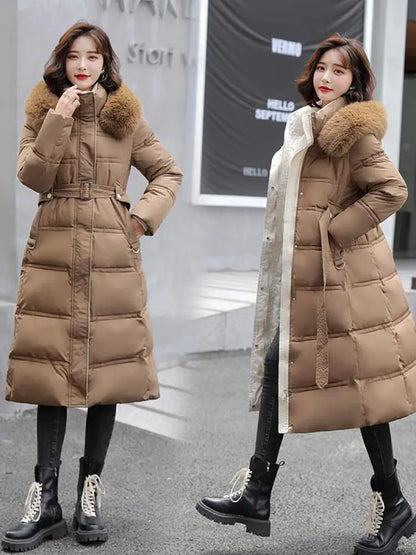 2024 neue Winter frauen Gepolsterte Jacken Mid-länge Modische Mit Kapuze Große Pelz Kragen Lose Dicke Unten Baumwolle Oberbekleidung damen.