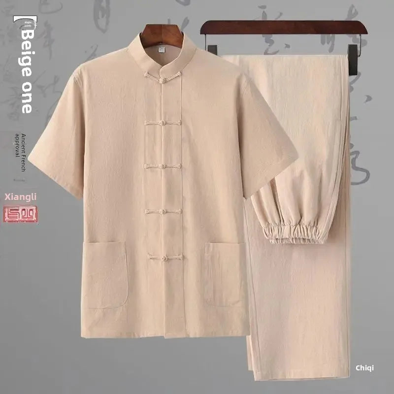 Traditional Chinese Men's Tang Suit Cotton Linen Ancient Costume Tea Servant Zen Meditation Clothing Middle Mountain Hanfu
