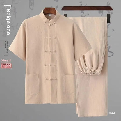 Traditional Chinese Men's Tang Suit Cotton Linen Ancient Costume Tea Servant Zen Meditation Clothing Middle Mountain Hanfu