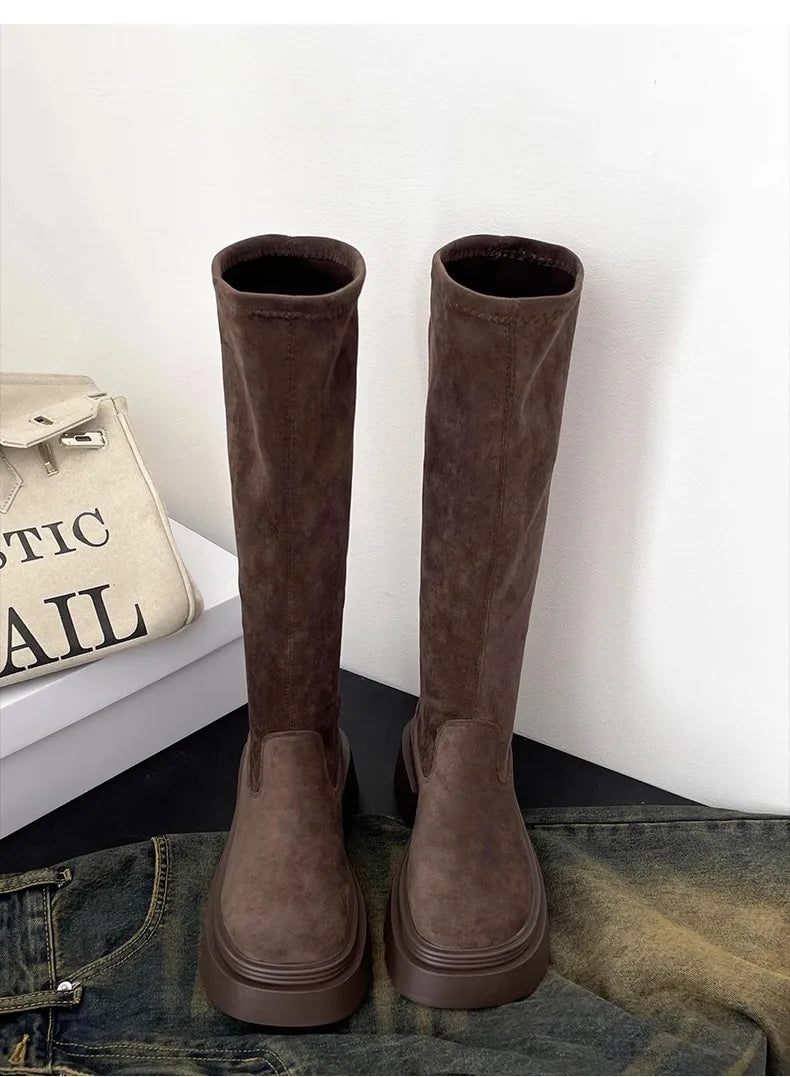 Winter Platform Punk Style Woman Knee High Boot Concise Slip On Elastic Slim Shoes Ladies Thick Bottom Knight Long Booties.