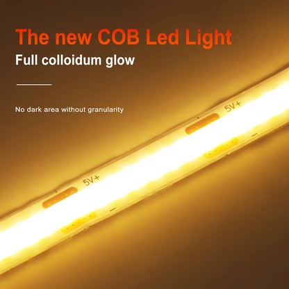 5 V USB-COB-LED-Streifen mit 2-poligem DC-Stecker, 3000 K, 4000 K, 6000 K, 320 LEDs, flexibles Band, lineare Beleuchtung mit hoher Dichte.