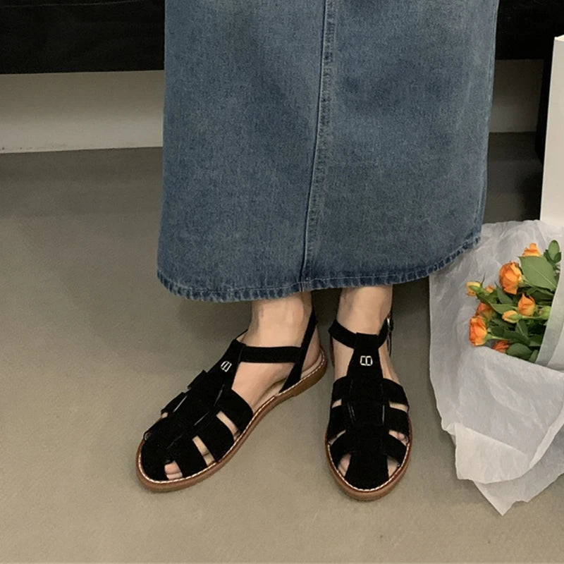 DIMANYU Women's Roman Sandals 2023 Summer New Flat Retro Real Leather Ladies Sandals Hollowed Women's Cage Shoes