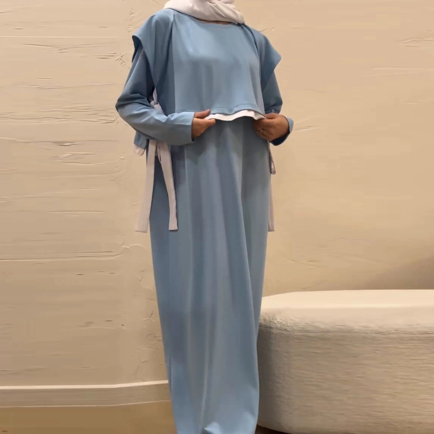 Women Eid Muslim Sets Musulman Ensemble Dubai Arab Vest Kaftan Islam Abayas Ankle Length Long Robe Solid Two Pieces Modest.