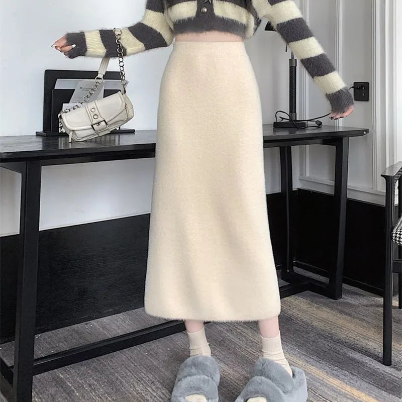 Korean Imitation Mink Plush Knitted Skirts Women Autumn Winter Thick Soft Split Pencil Skirts Elegant High Waist Bodycon Skirt.