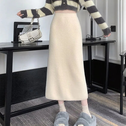 Korean Imitation Mink Plush Knitted Skirts Women Autumn Winter Thick Soft Split Pencil Skirts Elegant High Waist Bodycon Skirt.