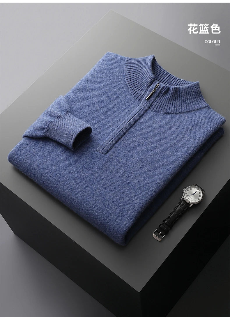 New Half Turtleneck Zipper Men's Pullover 100% Cashmere Sweater Solid Color Casual Versatile Wool Sweater Men's Clothing.