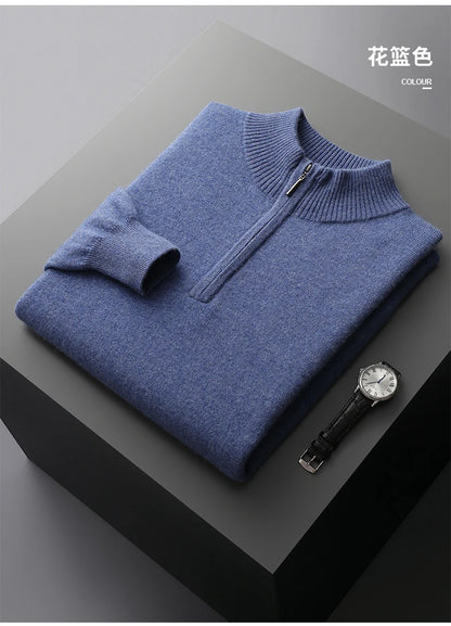 New Half Turtleneck Zipper Men's Pullover 100% Cashmere Sweater Solid Color Casual Versatile Wool Sweater Men's Clothing.