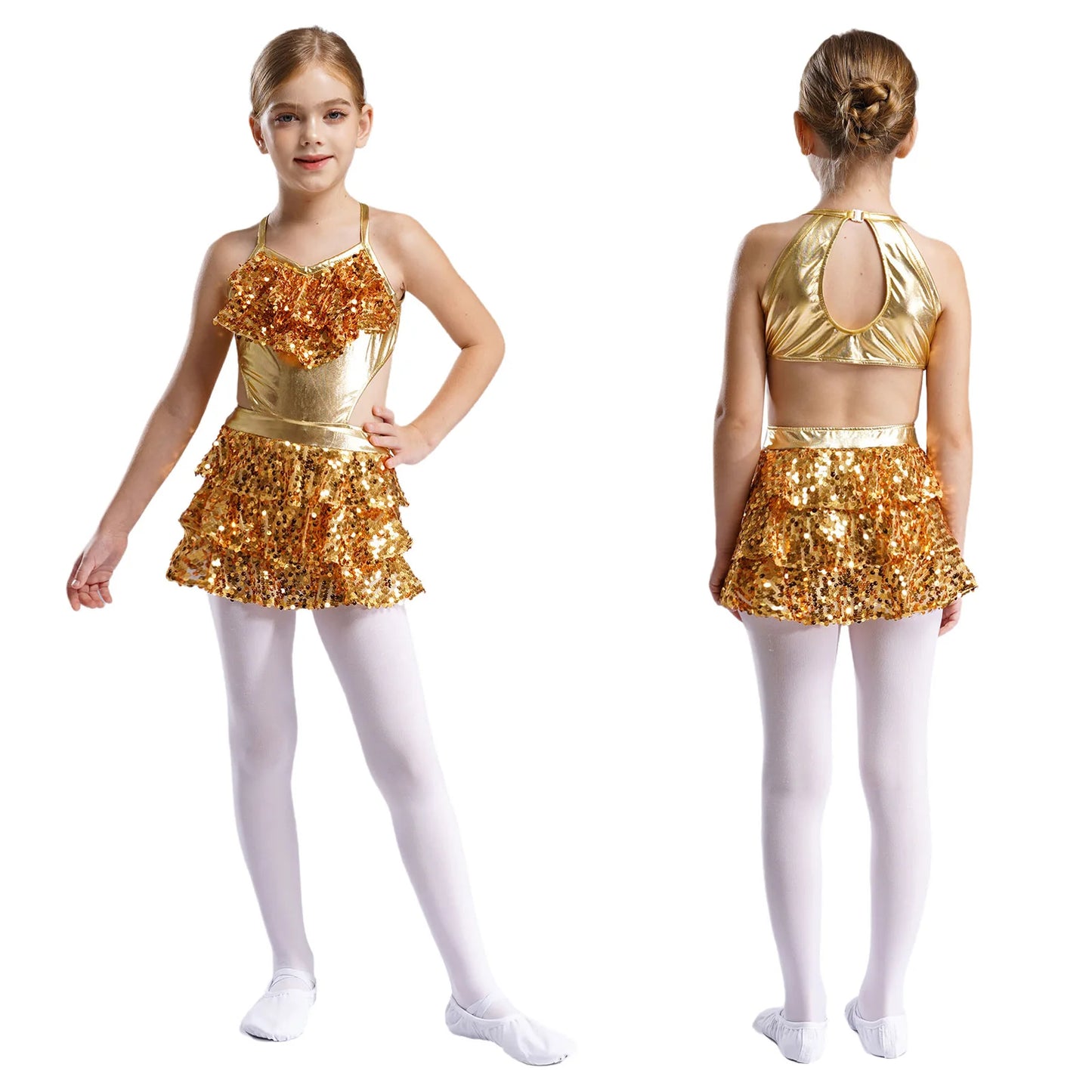Teenager Mädchen Cha-Cha Jazz Latin Dance Samba Rumba Tango Performance Kostüm ärmelloses metallisch glänzendes Pailletten-Bodykleid mit Ausschnitt