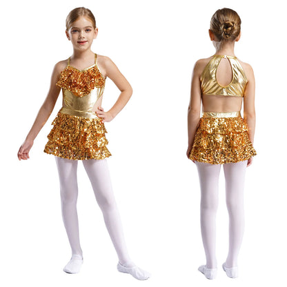 Teenager Mädchen Cha-Cha Jazz Latin Dance Samba Rumba Tango Performance Kostüm ärmelloses metallisch glänzendes Pailletten-Bodykleid mit Ausschnitt