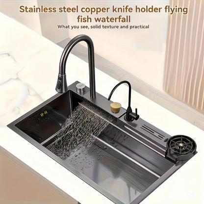 Modern Double Bowl Workstation Sink – Stainless Steel Undermount with Fast Drainage, Waterfall Rinse & Tool Holder
