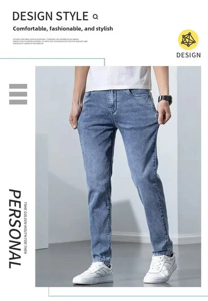 Hong Kong Summer Thin Men's Blue Jeans Slims Smooths Your Silhouette Feet Stretchy Korean Style Light Color Versatile Pants.
