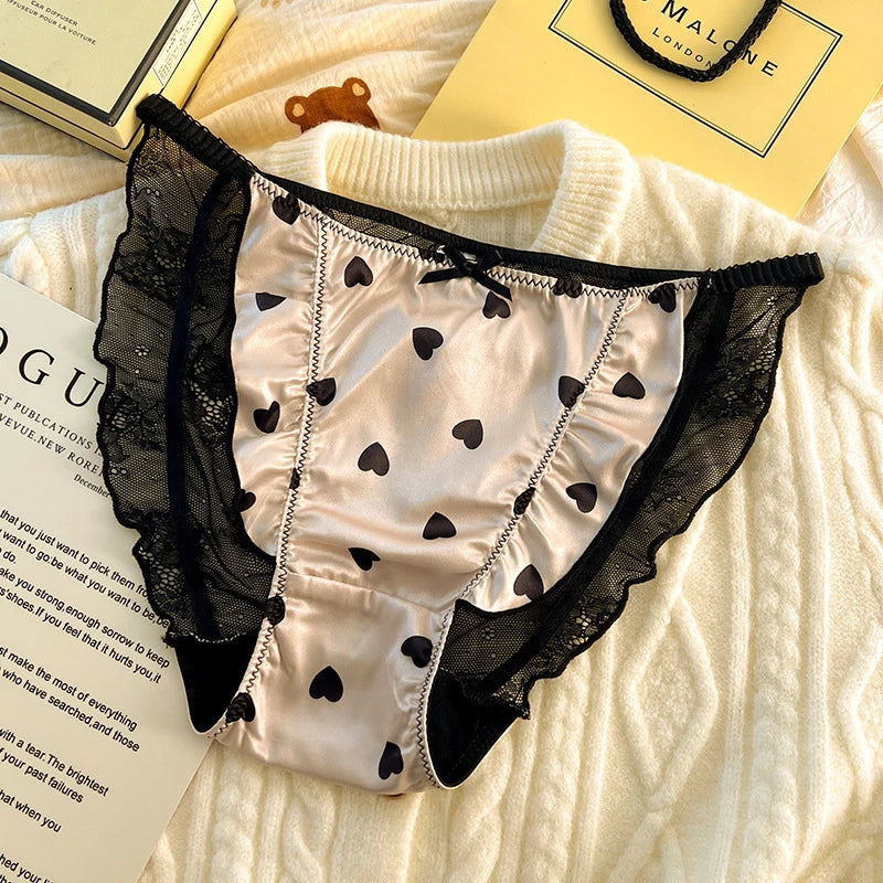 Sexy lingerie women Satin tangas lace ropa interior femenina sweet calzones para mujer plus size panties heart underwear women