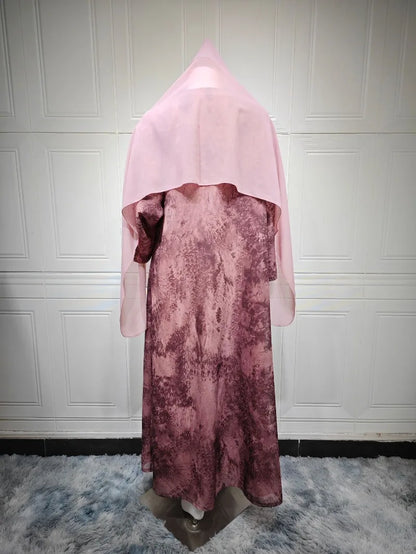 2025 sommer Arabisch Frauen Muslimische Kleidung Ramadan Dubai Offene Abaya Kleid mit Hijab Islam Gedruckt Chiffon 2 Stück Outfit