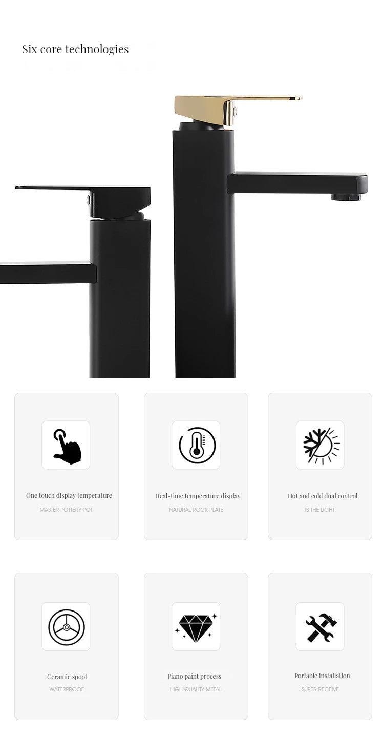 Digital Basin Faucets Smart Bathroom Faucet Shower Room Taps Water Temperature LED Black White Sink Tap Rotating Stainless Steel