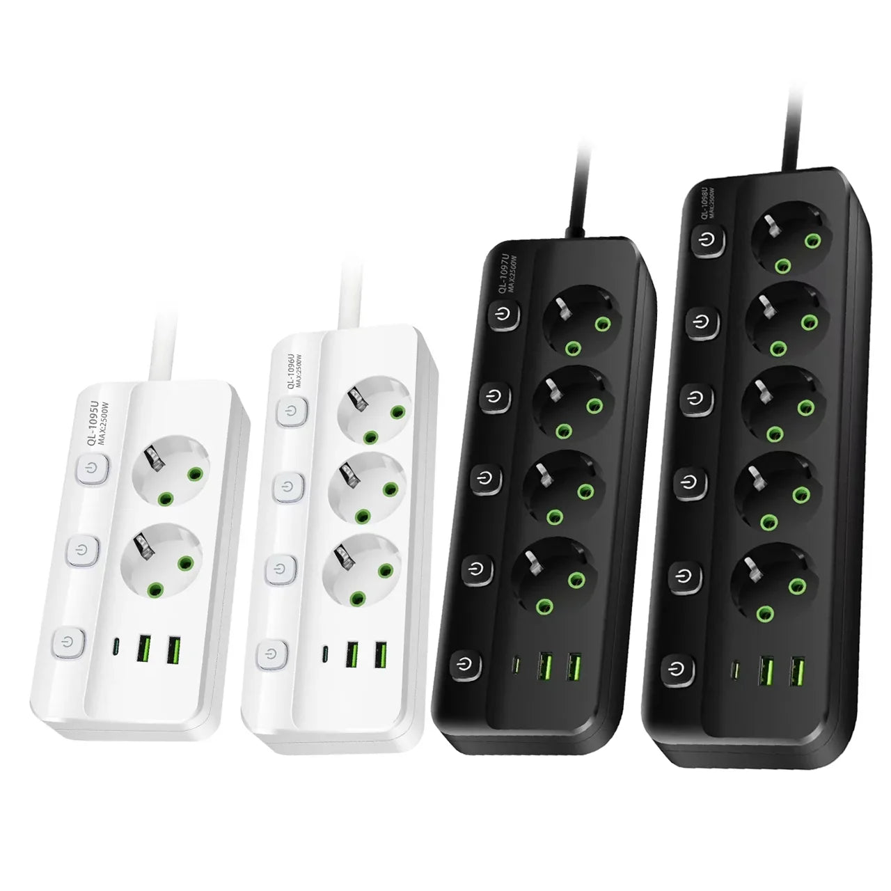 EU-Stecker-Steckdosenleiste, 2/3/4/5 Positionen, unabhängige Steuersteckdose mit 2 USB-Anschlüssen, 1 Typ-C-Anschlüsse, 2 m Verlängerungskabel, Steckdosen.