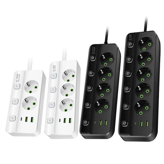 EU-Stecker-Steckdosenleiste, 2/3/4/5 Positionen, unabhängige Steuersteckdose mit 2 USB-Anschlüssen, 1 Typ-C-Anschlüsse, 2 m Verlängerungskabel, Steckdosen.
