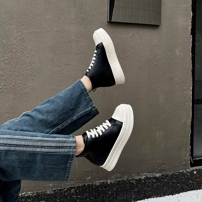 Street Style Ankle Boots for Men Genuine Leather High Top Shoes Fashion Brand Motorcycle Boots Thick Bottom  Male Walking Shoes.